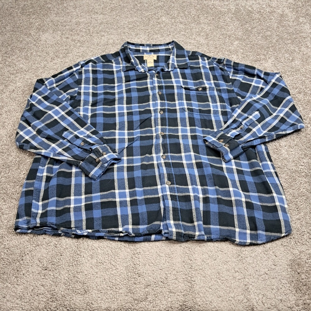 Blue Mountain Mens 2XL Plaid Flannel Shirt Blue Black White Cotton Long Sleeve